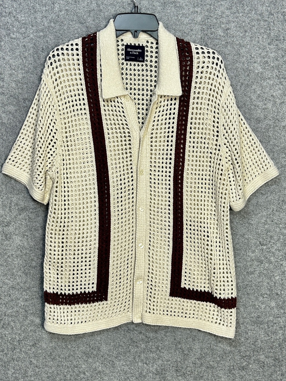 Abercrombie & Fitch Men’s Cream Brown Open-Weave Knit Polo Shirt Retro Resort